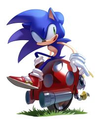 Rule 34 | 1boy, antennae, exhaust pipe, full body, furry, furry male, gloves, grass, green eyes, highres, miitara, moto bug, open mouth, red footwear, robot, shoes, simple background, sitting, smile, sneakers, sonic (series), sonic the hedgehog, wheel, white background, white gloves