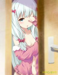 Rule 34 | 10s, 1girl, :o, aqua eyes, artist name, belly, bow, breasts, character name, commentary, copyright name, cowboy shot, door, door handle, eromanga sensei, hair bow, heart, heart-shaped pupils, izumi sagiri, long hair, looking at viewer, low-tied long hair, navel, off shoulder, one eye covered, open clothes, open door, open pajamas, pajamas, pink pajamas, red bow, rubbing eyes, silver hair, sleepy, small breasts, solo, sony kisaragi, stomach, symbol-shaped pupils