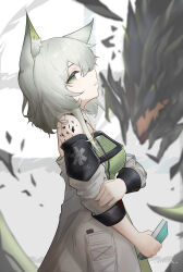 Rule 34 | 1girl, absurdres, animal ears, arknights, bare shoulders, breasts, cat ears, commentary request, dress, green dress, grey eyes, grey hair, highres, holding, kal&#039;tsit (arknights), long sleeves, looking at viewer, material growth, medium breasts, mon3tr (arknights), oripathy lesion (arknights), parted lips, sarea (sarea2020), short hair, solo, upper body