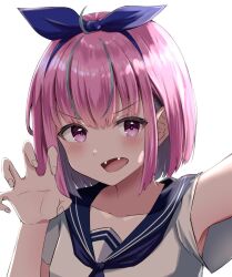 Rule 34 | 1girl, angry, bob cut, colored inner hair, commentary request, fangs, hairband, highres, hololive, looking to the side, masamune-tan, minato aqua, minato aqua (sailor), multicolored hair, pink eyes, sailor collar, school uniform, shirt, vampire, virtual youtuber, white background