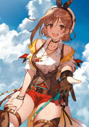 Rule 34 | 1girl, atelier (series), atelier ryza, atelier ryza 3, bare shoulders, belt, beret, blue sky, blush, braid, breasts, brown eyes, brown hair, choker, cloud, cloudy sky, collarbone, day, fingernails, flask, gloves, hair ornament, hairclip, hat, highres, jewelry, leaning forward, looking at viewer, medium breasts, medium hair, necklace, official art, open mouth, outdoors, outstretched hand, red shorts, reisalin stout, short sleeves, shorts, single glove, sky, smile, solo, teeth, thighs, toridamono, upper teeth only, x hair ornament