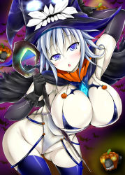 Rule 34 | 10s, 1girl, abyssal ship, armpits, blue eyes, blue thighhighs, breasts, cape, cleavage, elbow gloves, enemy aircraft (kancolle), gloves, halloween, hat, highres, huge breasts, jack-o&#039;-lantern, kantai collection, leaning forward, looking at viewer, pale skin, pumpkin, short hair, silver hair, solo, staff, stem (roam), thighhighs, witch hat, wo-class aircraft carrier