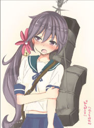 Rule 34 | 10s, 1girl, akebono (kancolle), bell, blue skirt, blush, flower, hair bell, hair flower, hair ornament, inoue mitan, jingle bell, kantai collection, long hair, looking to the side, machinery, nose blush, open mouth, pleated skirt, ponytail, purple eyes, purple hair, school uniform, serafuku, short sleeves, side ponytail, simple background, skirt, smokestack, solo, translation request, uniform, white background
