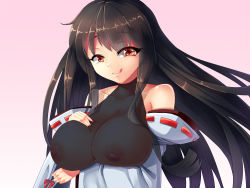 Rule 34 | 1girl, :q, bad id, bad pixiv id, bare shoulders, black hair, breast hold, breasts, covered erect nipples, detached sleeves, halterneck, halterneck, huge nipples, impossible clothes, large breasts, leotard, licking lips, long hair, looking at viewer, m.u.g.e.n, naughty face, original, puffy nipples, red eyes, see-through, sendai hakurei no miko, skin tight, solo, tongue, tongue out, touhou, turtleneck, wide sleeves, z.o.b