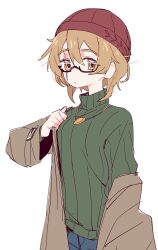 Rule 34 | 1girl, absurdres, beanie, brown eyes, coat, eds, expressionless, female focus, glasses, green sweater, hat, highres, indie virtual youtuber, jewelry, light brown hair, long coat, looking at viewer, necklace, ribbed sweater, scar, scar across eye, simple background, solo, sweater, turtleneck, turtleneck sweater, virtual youtuber, white background