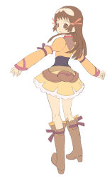 Rule 34 | 00s, 1girl, armband, belt, belt pouch, boots, brown eyes, brown hair, brown legwear, detached sleeves, dress, from behind, full body, hair ornament, hair ribbon, high heels, highres, knee boots, kneepits, long hair, looking back, outstretched arms, pouch, re mii, ribbon, shoes, short dress, simple background, smile, solo, spread arms, standing, white background, zoids, zoids genesis