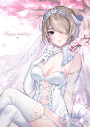 Rule 34 | 1girl, absurdres, bad id, bad pixiv id, breasts, bridal veil, bride, cherry blossoms, cleavage, clothing cutout, commentary request, crossed legs, crown, dress, earrings, elbow gloves, fake horns, glint, gloves, gou lianlian dogface, hair over one eye, happy birthday, heart, heart earrings, highres, honkai (series), honkai impact 3rd, horns, jewelry, looking at viewer, medium breasts, mole, mole under eye, navel, navel cutout, ornate ring, outdoors, petals, purple eyes, ring, rita rossweisse, rita rossweisse (artemis), short hair, smile, solo, strapless, strapless dress, thighhighs, tree, under tree, veil, wedding dress, wedding ring, white dress, white gloves, white theme, white thighhighs