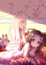 Rule 34 | 2girls, 54hao, :o, artist self-reference, ass, bare arms, bare shoulders, blue bow, bow, brown hair, camisole, closed mouth, commentary request, flower, forehead, hair ornament, highres, indoors, long hair, looking at viewer, looking away, lying, multiple girls, on stomach, open mouth, original, panties, parted bangs, picture frame, pink camisole, pink flower, pink panties, profile, purple eyes, siblings, sisters, sitting, stuffed animal, stuffed toy, teddy bear, twins, underwear, very long hair, white hair, x hair ornament