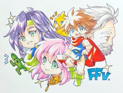 Rule 34 | 2boys, 2girls, bartz klauser, beard, bird, blue eyes, blue tunic, boots, brooch, brown eyes, brown hair, cactus, chibi, chocobo, clenched hands, cloak, closed mouth, facial hair, faris scherwiz, final fantasy, final fantasy v, full body, galuf halm baldesion, gem, gold collar, green cloak, green eyes, green footwear, green headband, grey hair, hair between eyes, headband, highres, jewelry, lenna charlotte tycoon, long hair, long sleeves, medium hair, motoko (taom), multiple boys, multiple girls, mustache, old, old man, open mouth, pants, parted bangs, parted lips, pink hair, popped collar, profile, purple hair, red cloak, red gemstone, sabotender, shirt, short hair, siblings, sisters, smile, sparkle, spiked hair, traditional media, upper body, white pants, white shirt