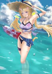 Rule 34 | absurdres, aki rosenthal, aki rosenthal (hololive summer 2019), armband, bikini, blonde hair, blue sky, bob cut, breasts, cloud, detached hair, dutch angle, hat, highres, hololive, innertube, low twintails, medium breasts, mugen loop, ocean, parted bangs, purple eyes, short hair, sky, sun hat, swim ring, swimsuit, thigh strap, twintails, virtual youtuber, wading
