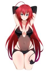 Rule 34 | 1girl, ahoge, armpits, arms behind head, arms up, bare shoulders, blue eyes, blush, breasts, cleavage, covered navel, cowboy shot, demon girl, demon tail, elbow gloves, gloves, hair between eyes, high school dxd, highres, huge ahoge, large breasts, lizta, long hair, looking at viewer, red hair, rias gremory, simple background, solo, tail, white background