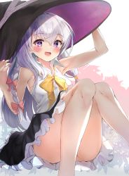 Rule 34 | 1girl, absurdres, armpits, arms up, ass, black hat, black skirt, blush, braid, convenient leg, elaina (majo no tabitabi), hat, highres, knees together feet apart, knees up, long hair, majo no tabitabi, open mouth, pink eyes, shirt, silver hair, simple background, sitting, skirt, sleeveless, sleeveless shirt, smile, solo, toratora (nanahaba), white background, white shirt, witch hat