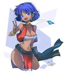 Rule 34 | 1girl, :d, artist name, bandeau, blue eyes, blue hair, blush, bracelet, breasts, cleavage, commentary, cropped legs, dark skin, dark-skinned female, dated, earrings, fushigi no umi no nadia, gem, hair ornament, hairclip, highres, hoop earrings, jewelry, leaning forward, loincloth, looking at viewer, medium breasts, nadia la arwall, namatyoco, navel, neck ring, necklace, open clothes, open mouth, open vest, red vest, short hair, signature, smile, solo, standing, v, vest