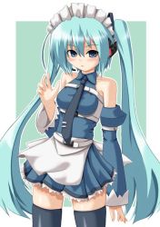Rule 34 | alternate costume, apron, bare shoulders, detached sleeves, enmaided, hatsune miku, kokorono arika, long hair, maid, maid apron, microphone, necktie, skirt, solo, thighhighs, twintails, very long hair, vocaloid