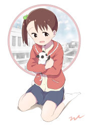 Rule 34 | 1girl, :d, aayh, akamatsu yui, animal, animal hug, blue shorts, brown eyes, brown hair, brown shirt, cat, collared shirt, commentary request, dress shirt, full body, hair bobbles, hair ornament, jacket, mitsuboshi colors, open clothes, open jacket, open mouth, red jacket, shadow, shirt, short shorts, shorts, side ponytail, signature, sitting, smile, socks, solo, wariza, white background, white socks