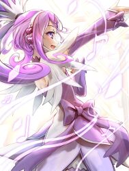 Rule 34 | 1girl, arm warmers, asymmetrical clothes, bow, clear glass (mildmild1311), commentary request, cure sword, dokidoki! precure, dress, eyelashes, hair ornament, hairclip, half updo, happy, headphones, high ponytail, highres, kenzaki makoto, looking to the side, magical girl, music, ponytail, precure, purple bow, purple dress, purple eyes, purple hair, purple theme, short hair, singing, smile, solo, standing