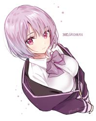 Rule 34 | 10s, 1girl, blush, bow, breasts, closed mouth, collared shirt, copyright name, from above, gomzi, gridman universe, hair between eyes, jacket, long sleeves, looking at viewer, looking up, medium breasts, open clothes, open jacket, pink hair, purple bow, purple eyes, purple jacket, shinjou akane, shirt, signature, simple background, solo, ssss.gridman, star (symbol), upper body, white background, white shirt