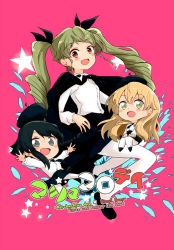 Rule 34 | :d, anchovy (girls und panzer), anzio school uniform, barashiya, beret, black cape, black eyes, black footwear, black hair, black headwear, black neckwear, black ribbon, black skirt, blonde hair, braid, cape, carpaccio (girls und panzer), chibi, commentary, copyright name, dress shirt, drill hair, emblem, english text, floating, girls und panzer, green eyes, green hair, hair ribbon, hat, highres, loafers, long hair, long sleeves, looking at viewer, miniskirt, necktie, open mouth, outstretched arms, pantyhose, pepperoni (girls und panzer), pink background, pleated skirt, red eyes, ribbon, school uniform, shirt, shoes, short hair, side braid, skirt, smile, spread arms, star (symbol), translated, twin drills, twintails, white legwear, white shirt