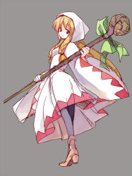 Rule 34 | 1girl, blonde hair, boots, bow, braid, final fantasy, final fantasy tactics, full body, grey background, hair over shoulder, hood, long hair, looking back, pantyhose, red eyes, robe, seo tatsuya, simple background, solo, staff, thighhighs, very long hair, weapon, white mage, white mage (fft), white mage (final fantasy)