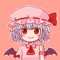 Rule 34 | 1girl, ascot, batta (ijigen debris), blue hair, blush, chibi, dress, fang, fang out, hat, looking at viewer, mob cap, pink background, pink dress, puffy short sleeves, puffy sleeves, red ascot, red eyes, remilia scarlet, short hair, short sleeves, simple background, smile, solo, touhou, upper body, v, wings, wristband