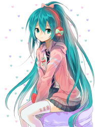 Rule 34 | 1girl, alternate hairstyle, aqua eyes, aqua hair, bad id, bad pixiv id, bow, hair bow, hatsune miku, hayama eishi, hood, hoodie, long hair, looking at viewer, open clothes, open hoodie, ponytail, project diva (series), project diva f, sitting, skirt, smile, solo, thighhighs, twintails, very long hair, vocaloid, zettai ryouiki