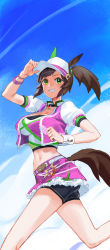 Rule 34 | 1girl, absurdres, animal ears, ass, belt, black shorts, blue sky, breasts, brown hair, choker, cleavage, cloud, codename47, collarbone, commentary request, crop top, cropped jacket, day, ear covers, freckles, green eyes, grin, hand on headwear, highres, horse ears, horse girl, horse tail, ines fujin (umamusume), jacket, large breasts, looking at viewer, medium hair, midriff, miniskirt, navel, open clothes, open jacket, petticoat, pink jacket, pink skirt, puffy short sleeves, puffy sleeves, running, short sleeves, shorts, side ponytail, sidelocks, single ear cover, single wrist cuff, skirt, sky, smile, solo, tail, teeth, umamusume, visor cap, wrist cuffs, wristband