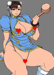 Rule 34 | 1girl, areola slip, breasts, brown eyes, brown hair, capcom, censored, censored nipples, chun-li, cleavage, double bun, heart, heart censor, highres, huge breasts, no bra, papepox2, sitting, smile, solo, street fighter