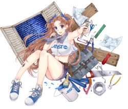 Rule 34 | 1girl, :d, artist request, belt, belt pouch, binary, blue eyes, blueprint (object), breasts, brown hair, bucket, claw hammer, commentary, dirt, female focus, full body, hair ribbon, hammer, hand saw, holding, jast usa, large breasts, long hair, mascot, maya azu, midriff, navel, nut (hardware), open mouth, original, outstretched arm, paint can, paintbrush, paper, pliers, pocket, pouch, ribbon, saw, schematic, scissors, screw, screwdriver, short shorts, shorts, sleeveless, smile, solo, tank top, toolbox, tools, towel, towel around neck, transparent background, two side up, utility belt, wrench