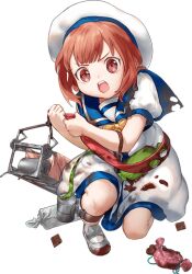 Rule 34 | 1girl, bag, blue sailor collar, bow, brown hair, depth charge, dress, full body, hair rings, hat, hozuka (kadokawa), kaiboukan no. 4 (kancolle), kantai collection, long hair, low twintails, official art, open mouth, red eyes, round teeth, sailor collar, sailor dress, sailor hat, satchel, shoes, socks, solo, teeth, torn clothes, transparent background, twintails, upper teeth only, uwabaki, white dress, white hat, white socks, yellow bow