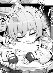Rule 34 | 1girl, absurdres, ahoge, blue archive, blush, closed eyes, commentary request, drooling, fingerless gloves, gloves, greyscale, highres, hoshino (blue archive), isinose (ilxodidli), jacket, long hair, long sleeves, monochrome, no halo, pillow, saliva, sleeping, solo