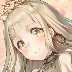 Rule 34 | 1girl, blonde hair, chain, closed mouth, crown, earrings, hair between eyes, jewelry, long hair, looking at viewer, pink background, portrait, red riding hood (sinoalice), sinoalice, smile, solo, teroru, yellow eyes