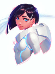 Rule 34 | 1girl, absurdres, blue eyes, blue hair, breasts, commentary, darling in the franxx, english commentary, eyebrows hidden by hair, from side, hair behind ear, hair ornament, hairclip, highres, ichigo (darling in the franxx), jeremy anninos, looking at viewer, pilot suit, short hair, small breasts, smile, solo, upper body, white background