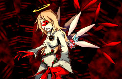 Rule 34 | 1girl, abstract background, blonde hair, blood, bloody tears, claws, colored sclera, crying, detached wings, flower, flying, halo, holding, kirby, kirby (series), kirby 64, nintendo, one-eyed, personification, red sclera, red theme, ribbon (kirby), robe, rose, setz, size difference, solo, thorns, wand, white robe, wings, zero two (kirby)