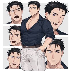 Rule 34 | 1boy, angry, bara, belt, black hair, black shirt, blue eyes, brown belt, domo (domo kizusuki), hand in pocket, highres, large pectorals, male focus, mature male, multiple views, muscular, muscular male, one eye closed, open mouth, original, pants, pectoral cleavage, pectorals, shirt, sleeves rolled up, smile, staring, sweatdrop, teeth, thick eyebrows, white pants