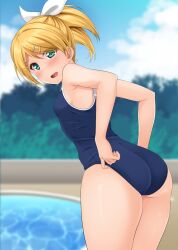 Rule 34 | 1girl, adjusting clothes, adjusting swimsuit, ass, blonde hair, blurry, blurry background, breasts, commentary, competition school swimsuit, cowboy shot, day, green eyes, hair ornament, hair ribbon, hairclip, hino minato (spec.c), kagamine rin, leaning forward, looking back, open mouth, outdoors, poolside, ribbon, school swimsuit, short hair, short ponytail, single bang, small breasts, solo, swimsuit, thighs, vocaloid, white ribbon