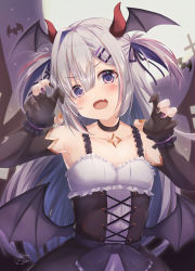 Rule 34 | 1girl, absurdres, amane kanata, bat (animal), black bow, black choker, black corset, black gloves, black nails, blue hair, bow, breasts, choker, commentary request, corset, demon girl, demon horns, demon wings, dress, elbow gloves, fang, full moon, gloves, hair between eyes, hair ornament, hairclip, halloween, head wings, highres, hololive, horns, jewelry, long hair, looking at viewer, low wings, moon, multicolored hair, multicolored nails, nail polish, necklace, open mouth, orange nails, partially fingerless gloves, pink hair, purple nails, short twintails, signature, silver hair, skin fang, small breasts, solo, streaked hair, twintails, very long hair, virtual youtuber, white dress, wings, yukikawa sara