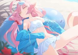 Rule 34 | 1girl, ahoge, ball, beach, beachball, bikini, blue archive, blue jacket, blurry, blurry foreground, blush, closed mouth, commentary request, day, eyewear on head, flat chest, flower, frilled bikini, frills, hair between eyes, hair bobbles, hair ornament, highres, hoshino (blue archive), hoshino (swimsuit) (blue archive), inflatable toy, inflatable whale, jacket, long hair, looking at viewer, low twintails, lying, on back, one eye closed, open clothes, open jacket, orange eyes, outdoors, pink hair, red flower, sb lama, solo, sunglasses, swimsuit, twintails, very long hair, water, white bikini