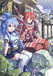 Rule 34 | 1boy, 1girl, :d, absurdres, armor, blue eyes, blue hair, breastplate, closed eyes, fantasy, fish, highres, japanese armor, long hair, miniskirt, open mouth, original, pleated skirt, ponytail, pouch, red hair, ribbon-trimmed legwear, ribbon trim, sheath, sheathed, skirt, smile, soaking feet, sword, thighhighs, tree, water, weapon, zelitto