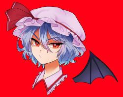 Rule 34 | 1girl, :/, bad id, bad pixiv id, bat wings, blue hair, collar, commentary request, diamond-shaped pupils, diamond (shape), frilled shirt collar, frills, furrowed brow, hair between eyes, hat, hat ribbon, highres, looking at viewer, mob cap, portrait, purple collar, purple hat, red background, red eyes, remilia scarlet, ribbon, short hair, sibata maru, simple background, solo, symbol-shaped pupils, touhou, wings
