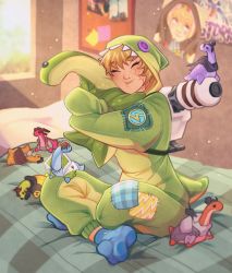 Rule 34 | 1girl, ^ ^, absurdres, apex legends, artist self-reference, bangalore (apex legends), blonde hair, blue socks, caustic (apex legends), closed eyes, commentary, commission, cosplay, crypto (apex legends), english commentary, gibraltar (apex legends), highres, holding, holding stuffed toy, hood, hood up, hugging object, lightning bolt symbol, lila (lilakeylk), loba (apex legends), long sleeves, nessie (respawn), nessie (respawn) (cosplay), objectification, onesie, poster (object), short hair, smile, socks, solo, stuffed toy, wattson (apex legends), window, wraith (apex legends)