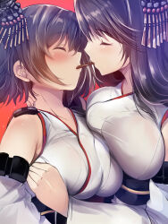 Rule 34 | 1girl, asymmetrical docking, black hair, breast press, breasts, closed eyes, detached sleeves, epaulettes, food, fusou (kancolle), headgear, japanese clothes, kantai collection, large breasts, long hair, maki (seventh heaven maxion), nontraditional miko, pocky, pocky kiss, red background, shared food, short hair, solo, upper body, yamashiro (kancolle), yuri