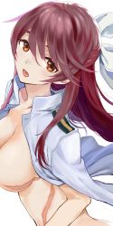 Rule 34 | 1girl, brave witches, brown eyes, brown hair, commentary request, homare (homaredai), karibuchi takami, long hair, looking at viewer, military, military uniform, open mouth, out-of-frame censoring, ribbon, scar, simple background, smile, solo, uniform, white background, white ribbon, world witches series