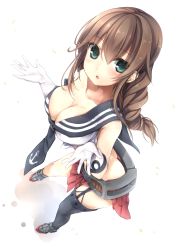 Rule 34 | 10s, 1girl, :o, anchor symbol, asymmetrical legwear, blush, blush stickers, braid, breasts, brown hair, cleavage, collarbone, foreshortening, garter straps, gloves, green eyes, hands up, kaguyuu, kantai collection, large breasts, long hair, looking at viewer, noshiro (kancolle), off shoulder, school uniform, single thighhigh, skirt, smile, solo, thighhighs, twin braids, uneven legwear, white background, white gloves