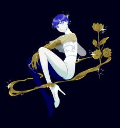 Rule 34 | 1other, androgynous, black background, blue eyes, blue hair, blunt bangs, colored eyelashes, colored skin, crystal hair, flower, full body, golden arms, heterochromia, high heels, highres, houseki no kuni, looking at viewer, phosphophyllite, phosphophyllite (ll), see-through, see-through sleeves, short hair, solo, sparkle, spoilers, white eyes, white skin