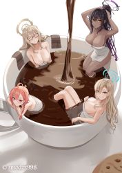 Rule 34 | 4girls, akane (blue archive), asuna (blue archive), bare shoulders, black hair, blonde hair, blue archive, blue eyes, braid, breasts, bubble, cleavage, closed eyes, closed mouth, coffee, coffee cup, cookie, crossed arms, cup, dark-skinned female, dark skin, disposable cup, food, glasses, halo, highres, in container, in cup, karin (blue archive), large breasts, long hair, looking at viewer, mini person, minigirl, multiple girls, naked towel, neru (blue archive), orange eyes, pink eyes, pink hair, single braid, smile, smodzz998, thighs, towel, tying, tying hair