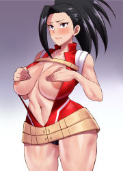 Rule 34 | 1boy, 1girl, areola slip, black hair, blush, boku no hero academia, breasts, covering privates, covering breasts, embarrassed, haikawa hemlen, highres, large areolae, large breasts, navel, nipples, ponytail, purple eyes, thick thighs, thighs, wide hips, yaoyorozu momo