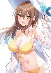 Rule 34 | 1girl, bare shoulders, bikini, blush, breasts, brown hair, cleavage, collarbone, commentary request, hat, highres, kinona, large breasts, long hair, long sleeves, looking at viewer, off shoulder, open clothes, open mouth, open shirt, original, shirt, simple background, smile, solo, swimsuit, white background, white hat, white shirt, yellow bikini, yellow eyes