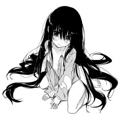 Rule 34 | 1girl, bad id, bad pixiv id, barefoot, black hair, blush, from above, full body, greyscale, houraisan kaguya, long hair, long sleeves, looking at viewer, monochrome, no pants, open clothes, open shirt, sawayaka samehada, shirt, simple background, sitting, smile, solo, touhou, very long hair, white background, wide sleeves