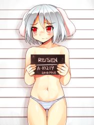 Rule 34 | 1girl, alternate hair color, animal ears, bad id, bad pixiv id, cowboy shot, floppy ears, highres, looking away, mono (moiky), mugshot, navel, panties, placard, rabbit ears, red eyes, reisen, short hair, sign, silver hair, solo, striped background, striped clothes, striped panties, tears, thigh gap, touhou, underwear, underwear only