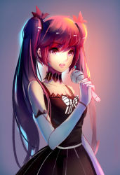 Rule 34 | 1girl, black dress, choker, collarbone, dress, elbow gloves, gloves, hair ornament, holding, holding microphone, long hair, mconch, microphone, open mouth, original, pink eyes, red hair, sleeveless, sleeveless dress, solo, twintails, white gloves